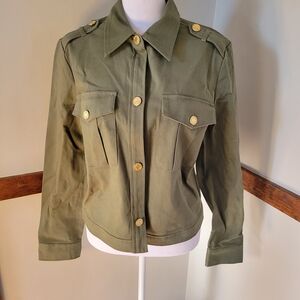 Express Military-Style Utility Jacket in Olive with Gold Buttons